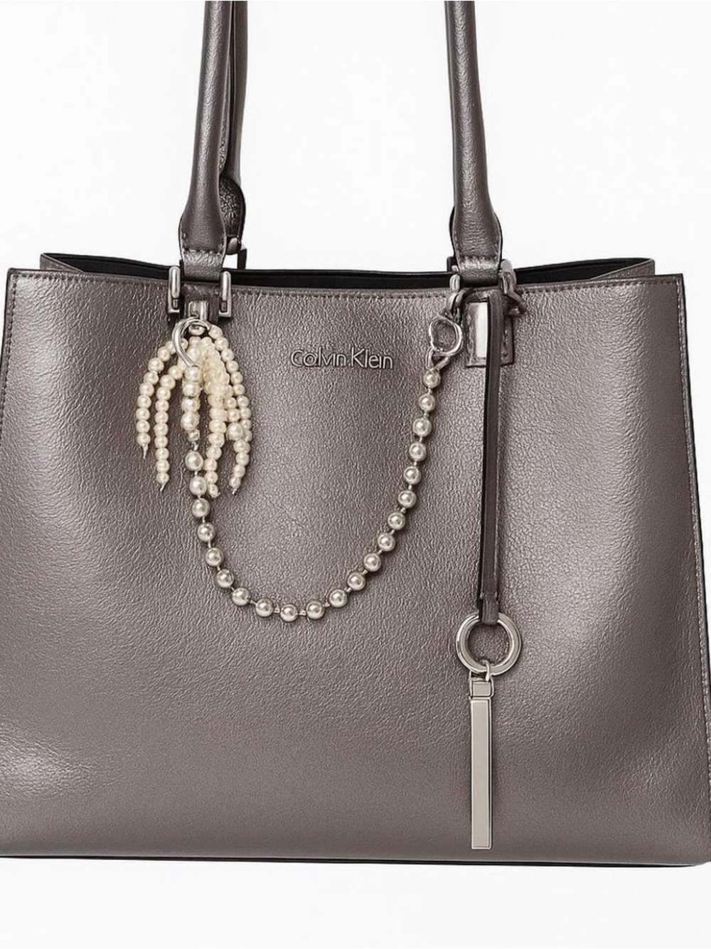 Calvin Klein Pewter Tote with Pearl Charm